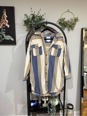 Aerie Oversized Striped Shirt Jacket | Blue & Cream | Size Medium | Shacket